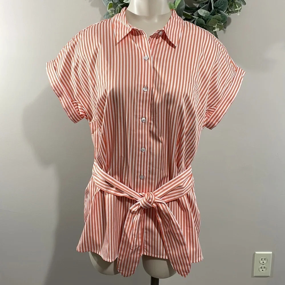 NWT Talbots Tie Waist Button Front Striped Orange… - image 4